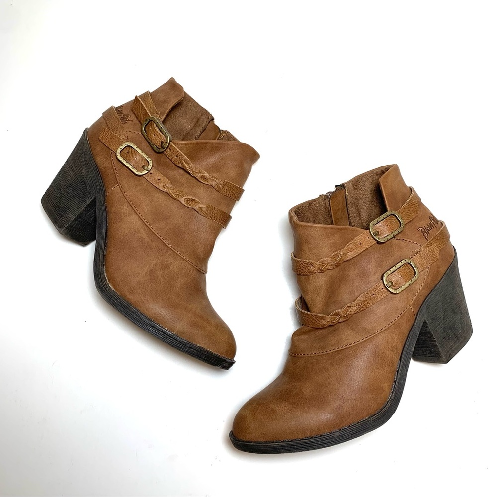 Blowfish Malibu Smooches Vegan Western Ankle Boots Brown Braided Buckle Size 5.5